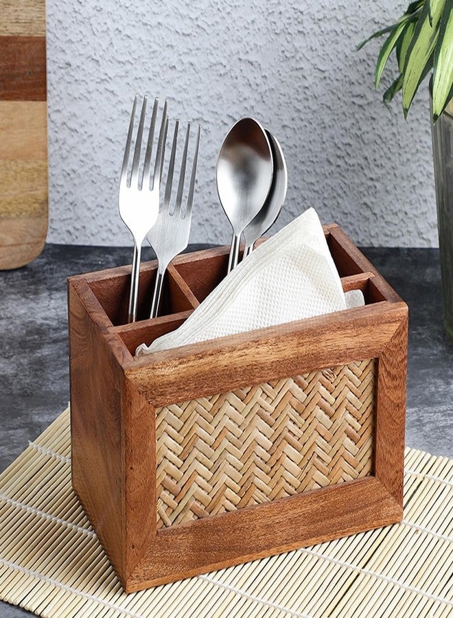 VarEesha Hand Crafted Acacia Wood Chatai Four Part Spoon Holder| Cutlery Holder| Kitchen Caddy | Wooden Cutlery Rack for Kitchen|Wooden Spoon Stand for Diining Table - Image 1